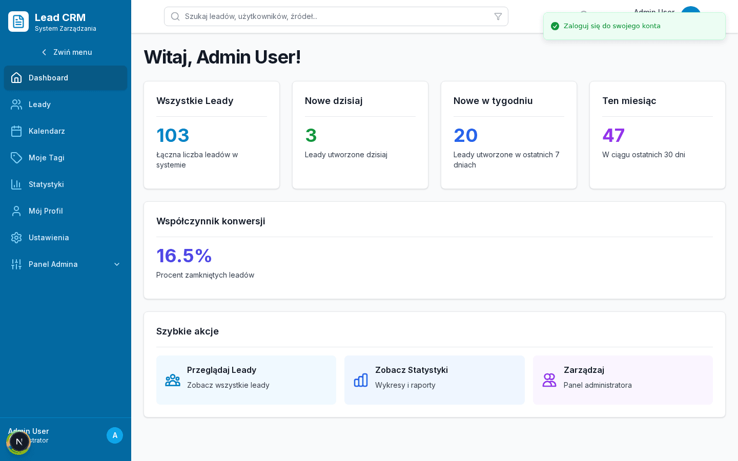 Zrzut ekranu strony Lead Management System